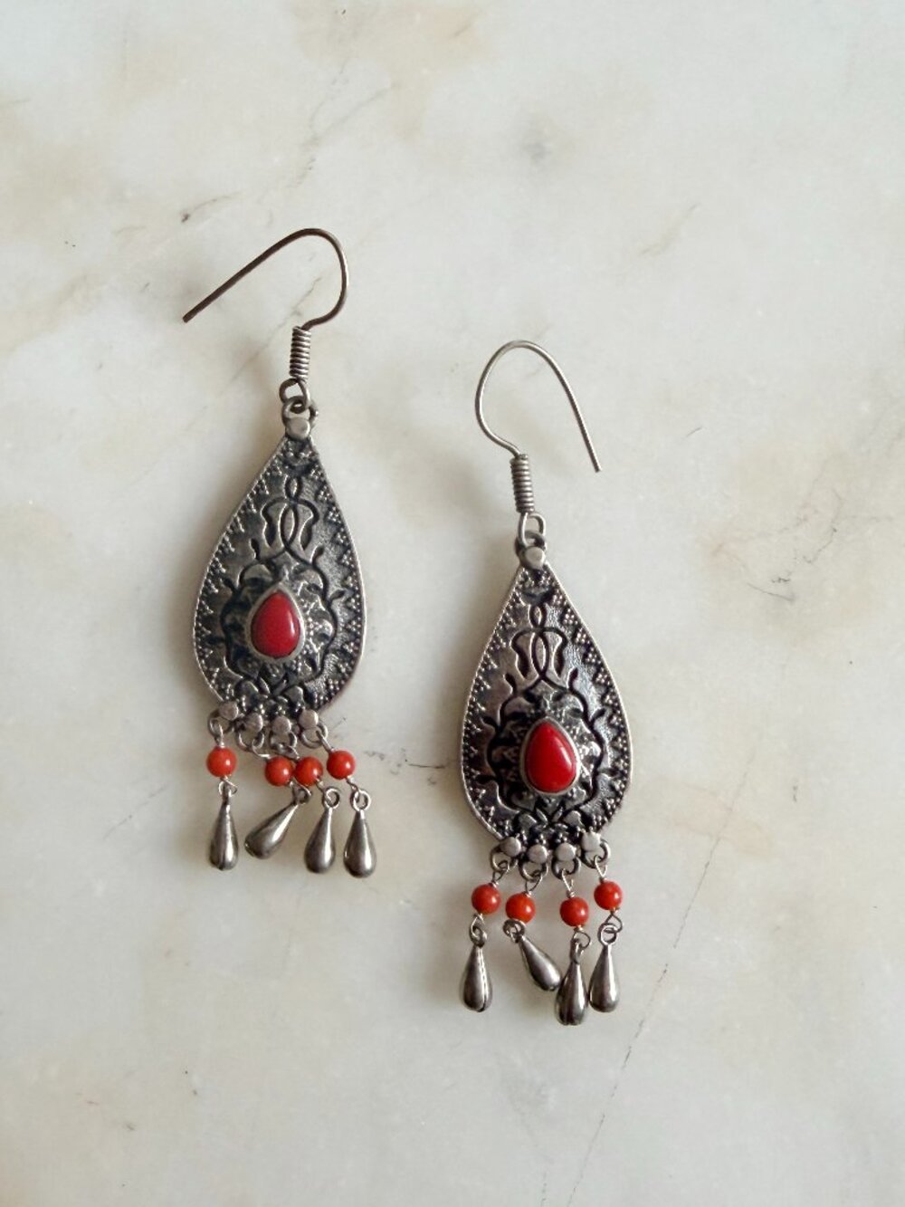 Moroccan Silver Red Coral Teardrop Chandelier Dangle Earrings Like New